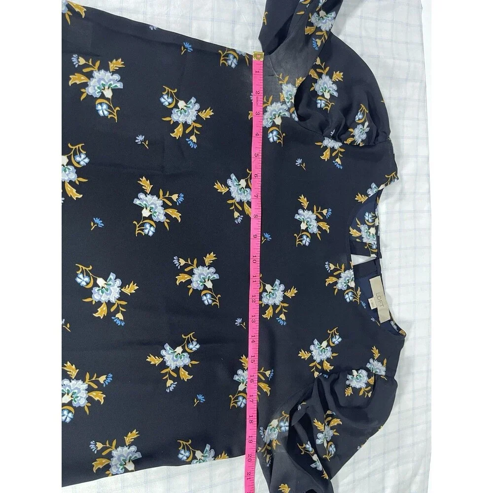 LOFT Womens Small Floral Blouse Navy Blue Long Puff Sleeve Pleated Shoulder S